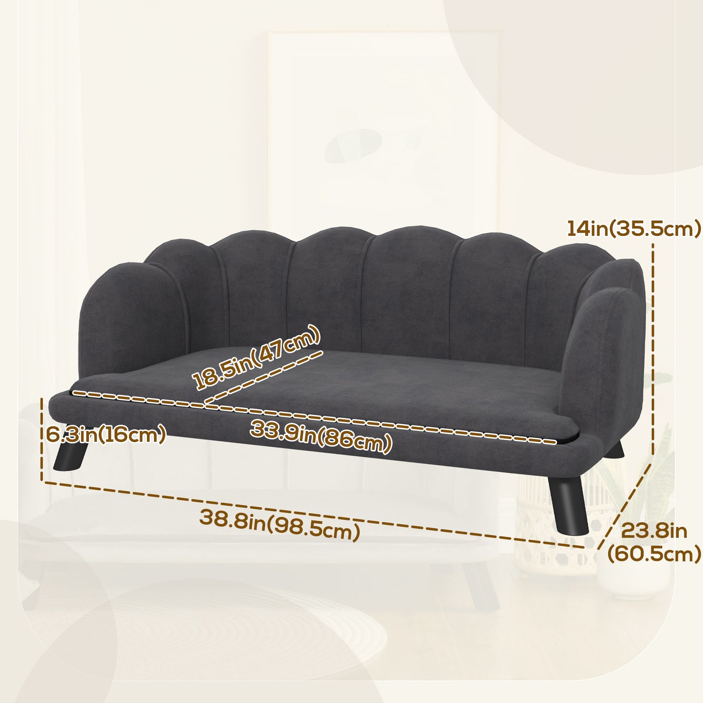 Dog Couch Pet Sofa Cat Bed with Removable Cushion Wood Legs for Medium and Large Dogs, Dark Grey