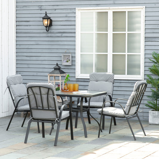 5 Piece Outdoor Square Garden Dining Set w/ Tempered Glass Dining Table 4 Cushioned Armchairs, Umbrella Hole, Grey