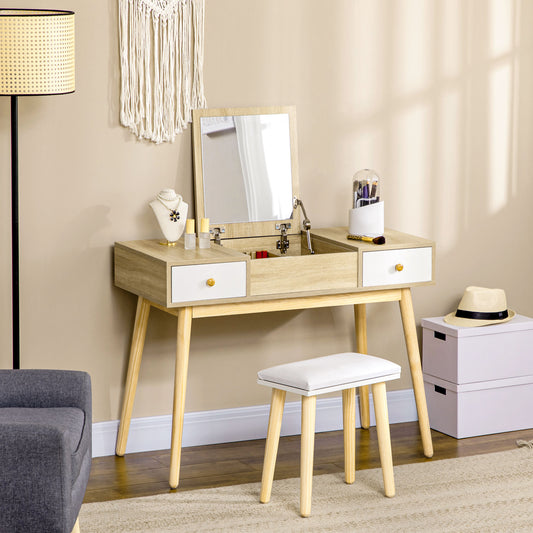 Flip Top Vanity Table / Writing Desk with 2 Drawers and Storage Grids, Natural