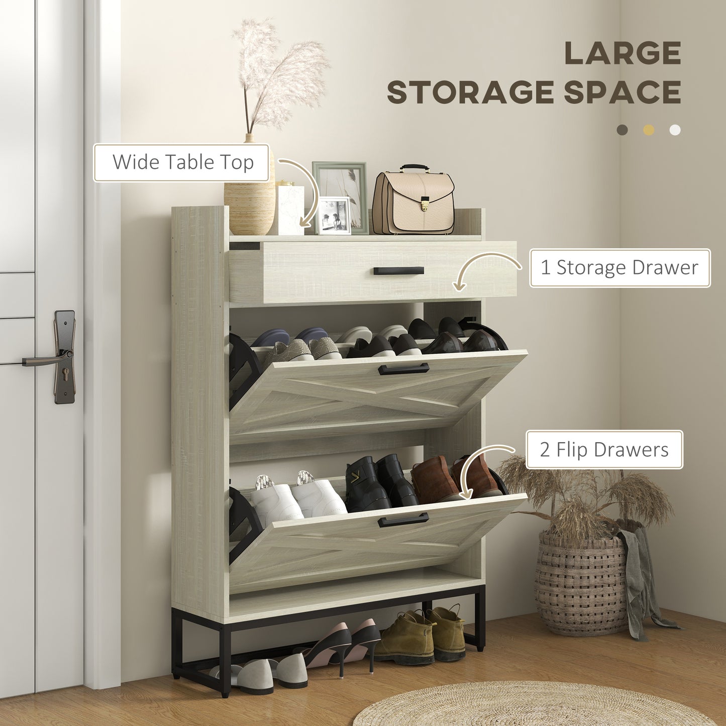 Slim Shoe Storage with 2 Flip Drawers and Adjustable Shoe Shelves for 12 Pair, Distressed White