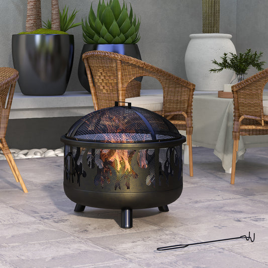 Outdoor Metal Fire Pit, 24" Round Firepit Bowl w/ Lid Grill Poker Handles for Garden, Camping, BBQ, Bonfire, Black