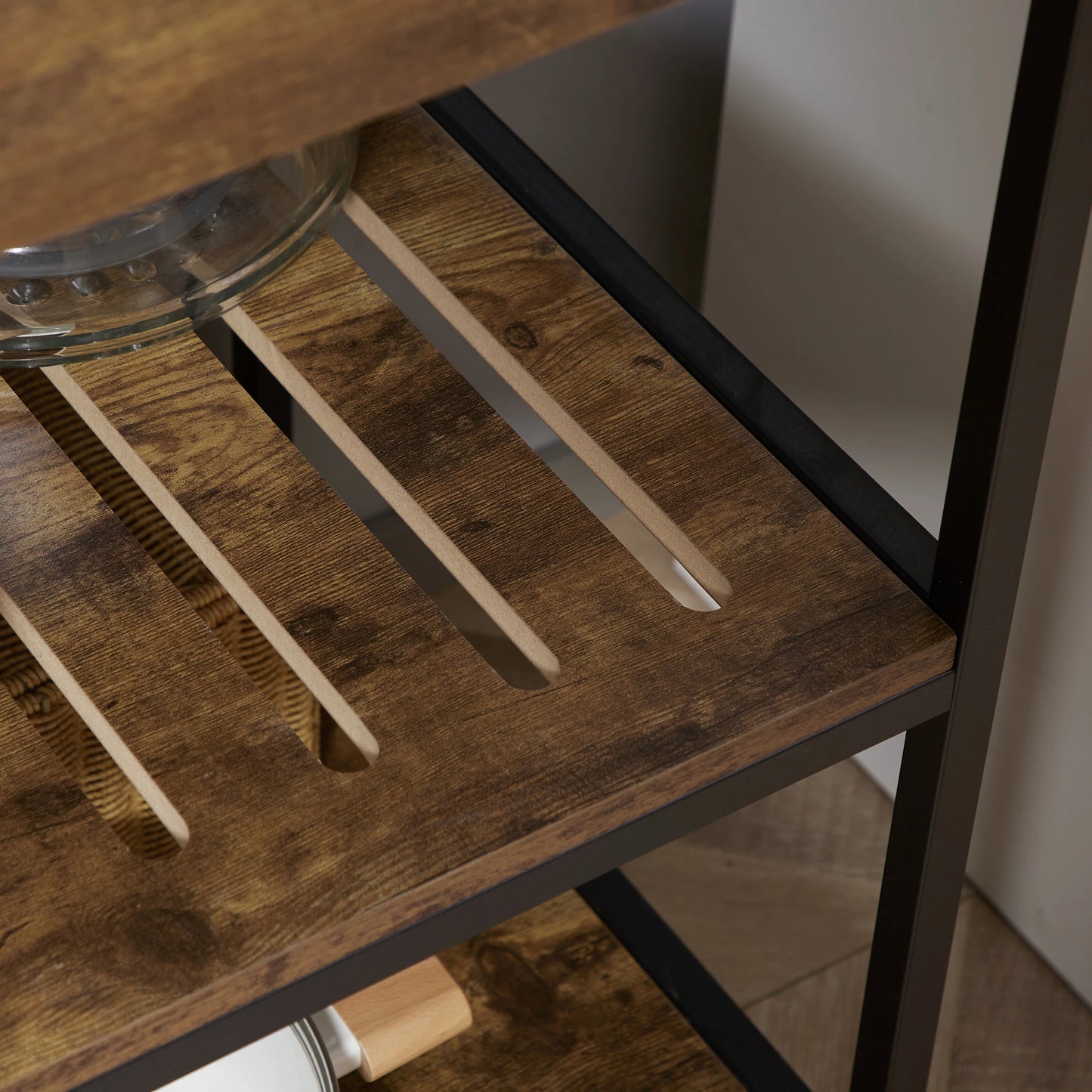 ndustrial Kitchen Island on Wheels, Rolling Serving Cart with Drawers, Storage Shelves, Towel Rack for Dining Room, Rustic Brown