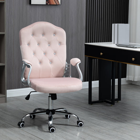 Vinsetto Home Office Chair, Velvet Computer Chair, Button Tufted Desk Chair with Swivel Wheels, Adjustable Height, Tilt Function, Pink