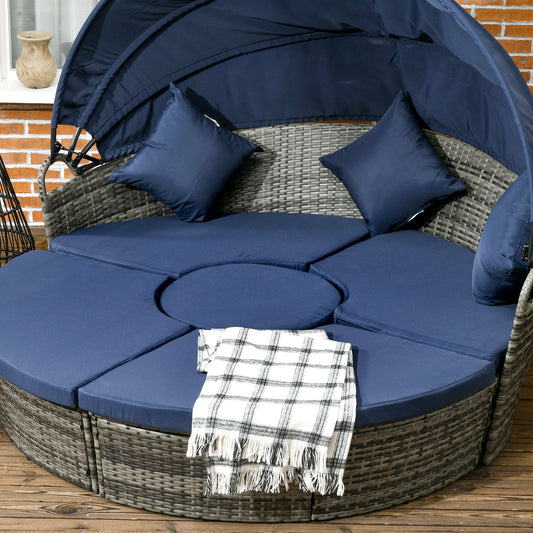 Outsunny 4 Pieces Outdoor Daybed, Patio Lounge Chair with Cushioned Round Sofa Bed, Sectional Patio Conversation Furniture Set with Canopy & Coffee Table, Dark Blue
