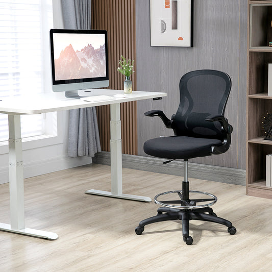 Vinsetto Ergonomic Mesh Standing Desk Chair with Flip-up Armrests Lumbar Support Armrests Adjustable Footrest RingBlack