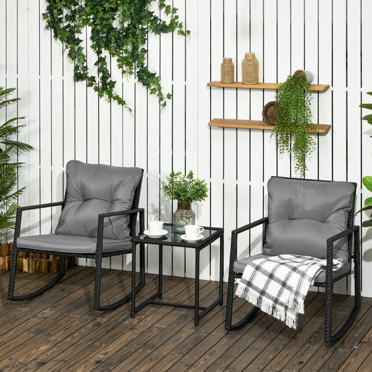 3 Pieces Rocking Bistro Set, Outdoor Wicker Patio Furniture with Glass Coffee Table and Outside Rocking Chairs for Porch, Lawn, Conversation Sets with Thick Cushions, Gray