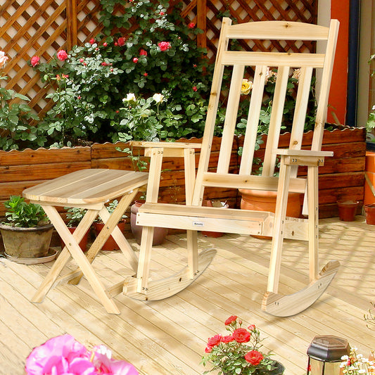 2 Pieces Patio Wooden Rocking Chair Set, Outdoor Rocker Sets with High Back Armchair and Foldable Side Table for Backyard, Garden, Porch, Natural