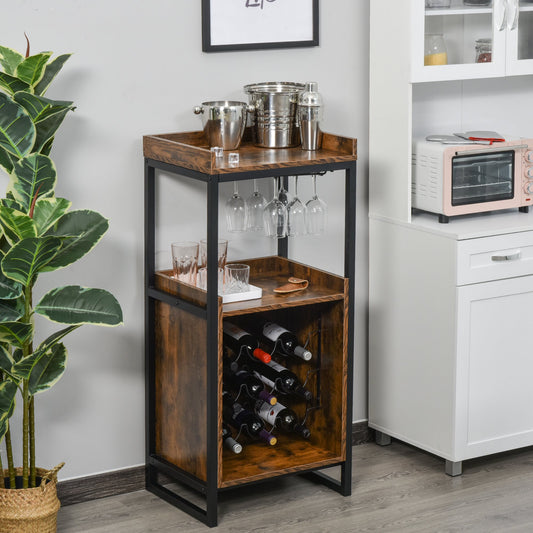 Retro Industrial 9-bottle Wine Rack Storage Cabinet Serving Bar Wood Buffet with Glass Holders