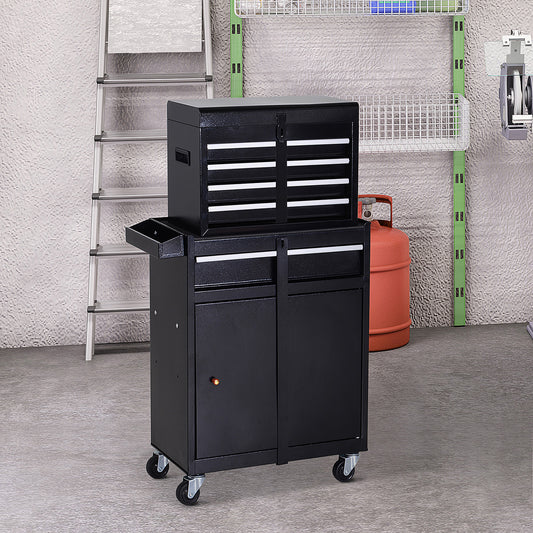 Rolling Tool Cabinet 2 in 1 Top Chest Storage Box 5 Drawers with Pegboard and Adjustable Shelf, Black