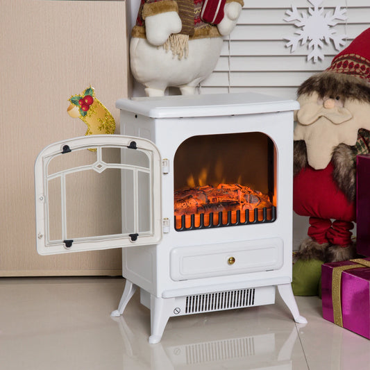 16" Free Standing Electric Fireplace Portable Adjustable Stove with Heater Wood Burning Flame 750/1500W White