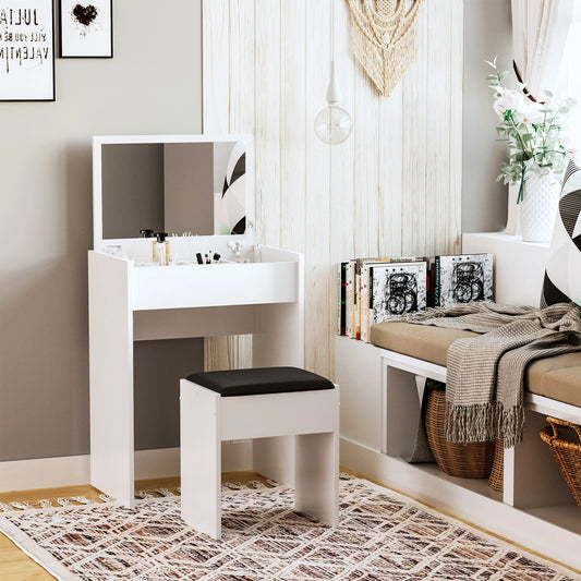 Mirrored Vanity Set Dressing Table and Stool Set Makeup Desk with Flip Top Bedroom Furniture White