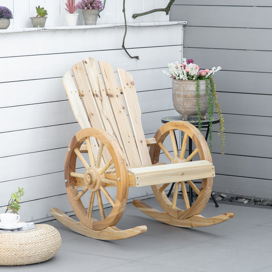 Patio Wooden Adirondack Rocking Chair, Wagon Outdoor Rocker Cahir with Slatted Design and Wheel Armrests for Porch, Poolside, or Garden Lounging, Natural