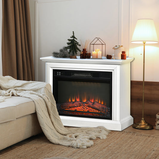 31" Electric Fireplace with Dimmable Flame Effect and Mantel, Freestanding Heater Corner Firebox with Log Hearth and Remote Control, 1400W, White
