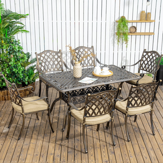 Outsunny 7 Pieces Patio Dining Set with Umbrella Hole, Cast Aluminum Outdoor Patio Furniture Set with 6 Cushioned Chairs and Rectangle Dining Table, for Garden, Lawn, Deck, Khaki