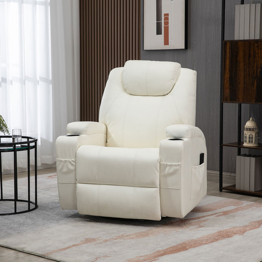 Faux Leather Recliner Chair with Massage, Vibration, Muti-function Padded Sofa Chair with Remote Control, 360 Degree Swivel Seat with Dual Cup Holders, Cream White