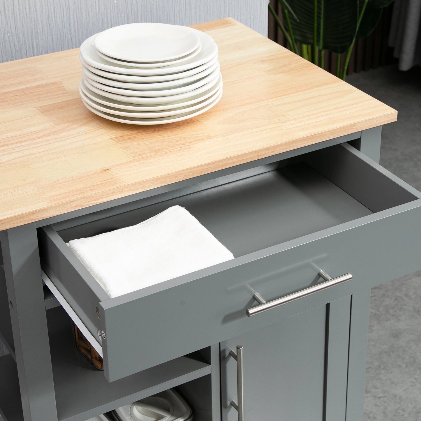 Kitchen Island, Compact Kitchen Cart on Wheels with Open Shelf & Storage Drawer for Dining Room, Kitchen, Grey