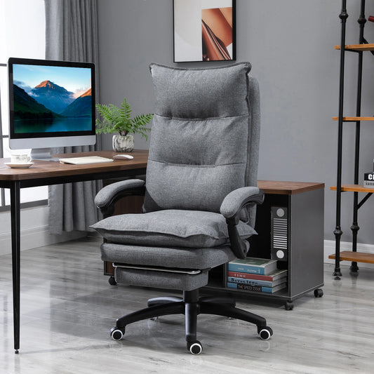 Office Chair 360° Swivel Adjustable Height Linen Style Fabric Recliner with Retractable Footrest and Double Padding, Grey