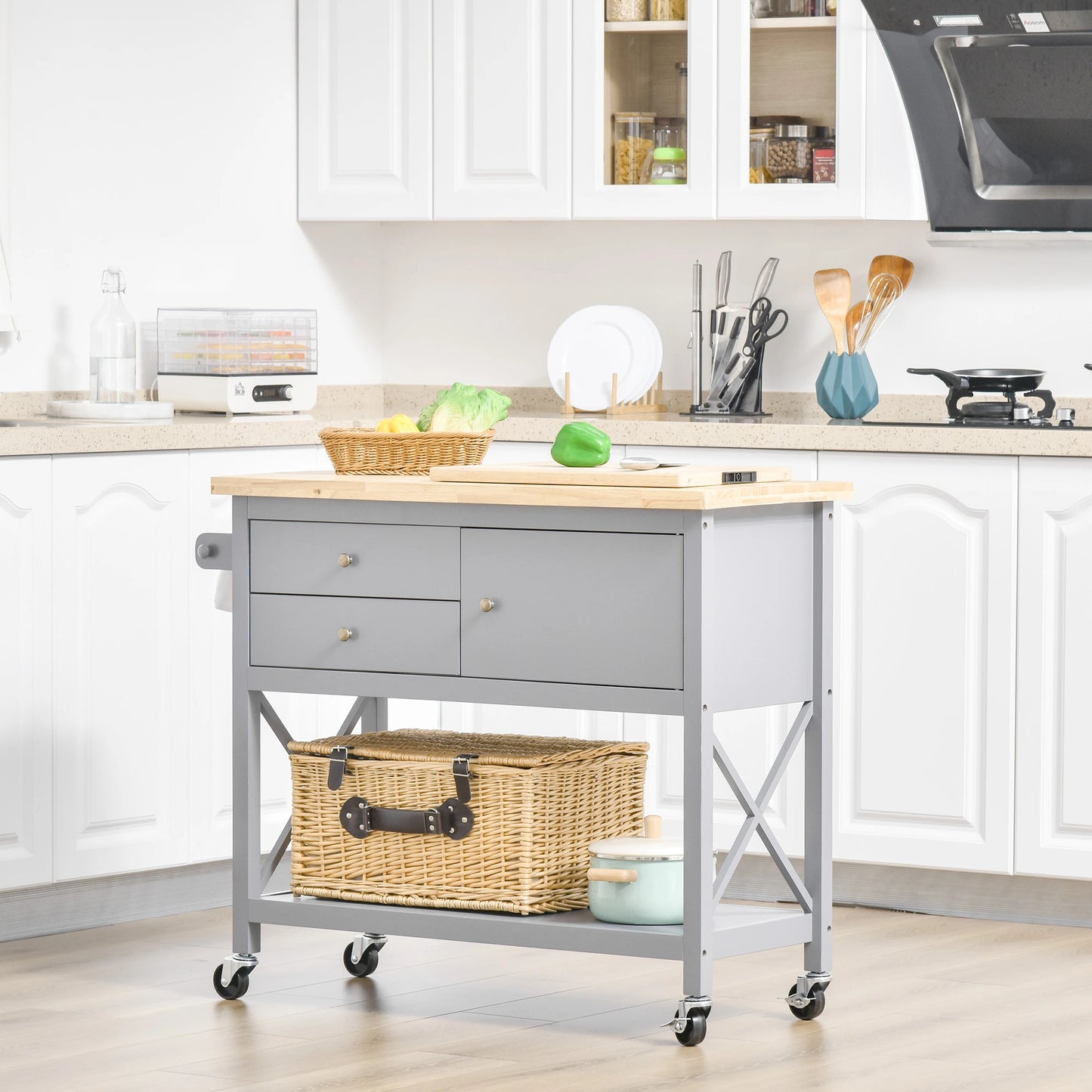 Utility Kitchen Cart Rolling Kitchen Island Storage Trolley with Rubberwood Top, 2 Drawers, Towel Rack, Grey