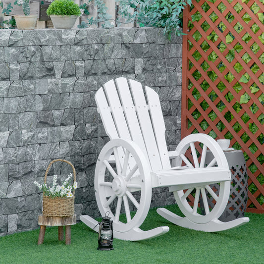 Patio Wooden Adirondack Rocking Chair, Wagon Outdoor Rocker Cahir with Slatted Design and Wheel Armrests for Porch, Poolside, or Garden Lounging, White