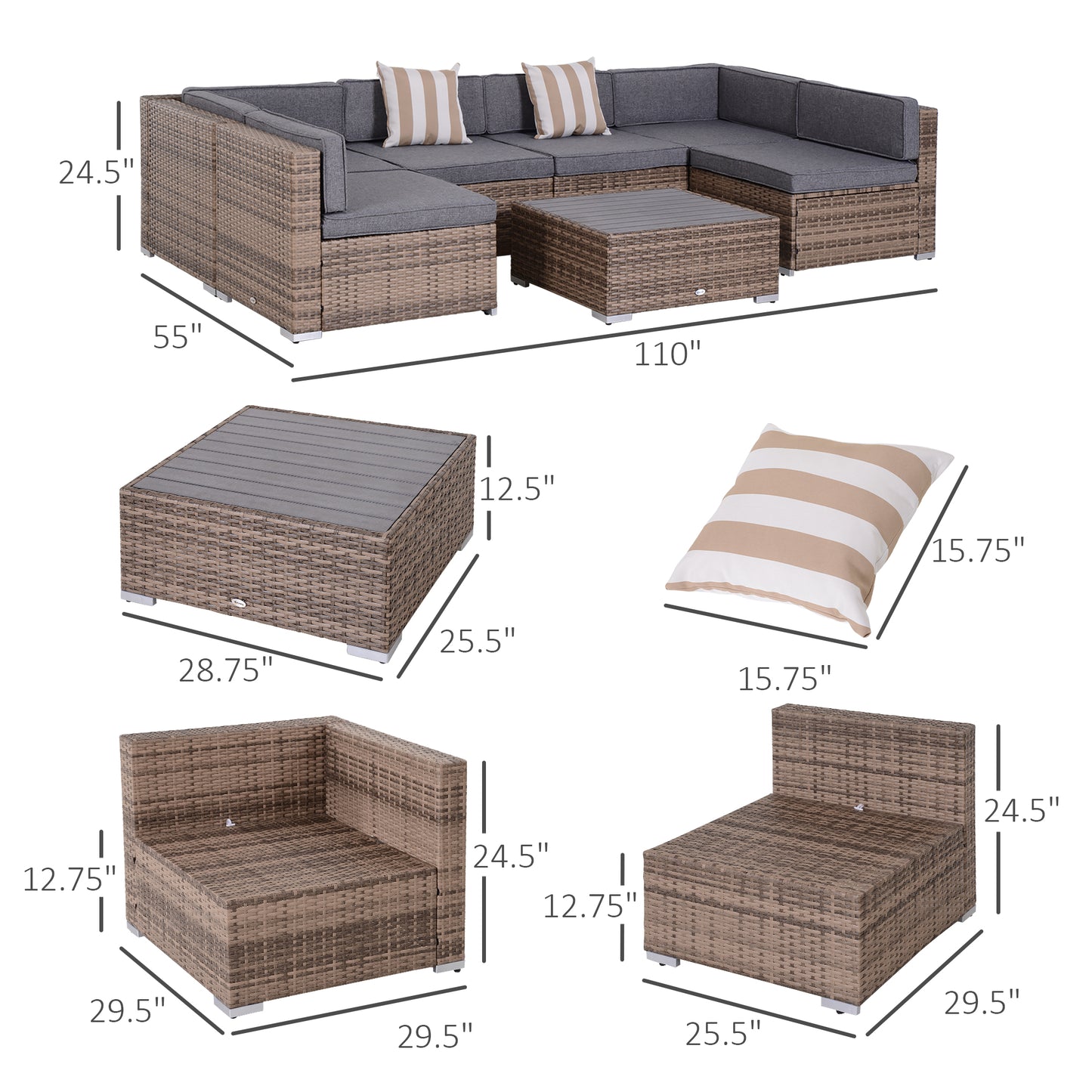 Outsunny 7-Piece Patio Furniture Sets Outdoor Wicker Conversation Sets All Weather PE Rattan Sectional sofa set, Grey