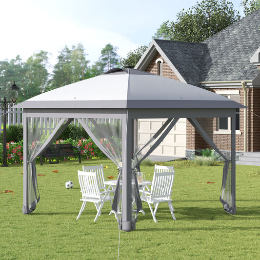 Outsunny 11' x 11' Pop Up Gazebo, Foldable Canopy Tent W/ Solar LED Light, Remote Control, Sandbags, Zippered Mesh Sidewalls, Easy Height Adjustment and Carry Bag for Backyard Garden Patio