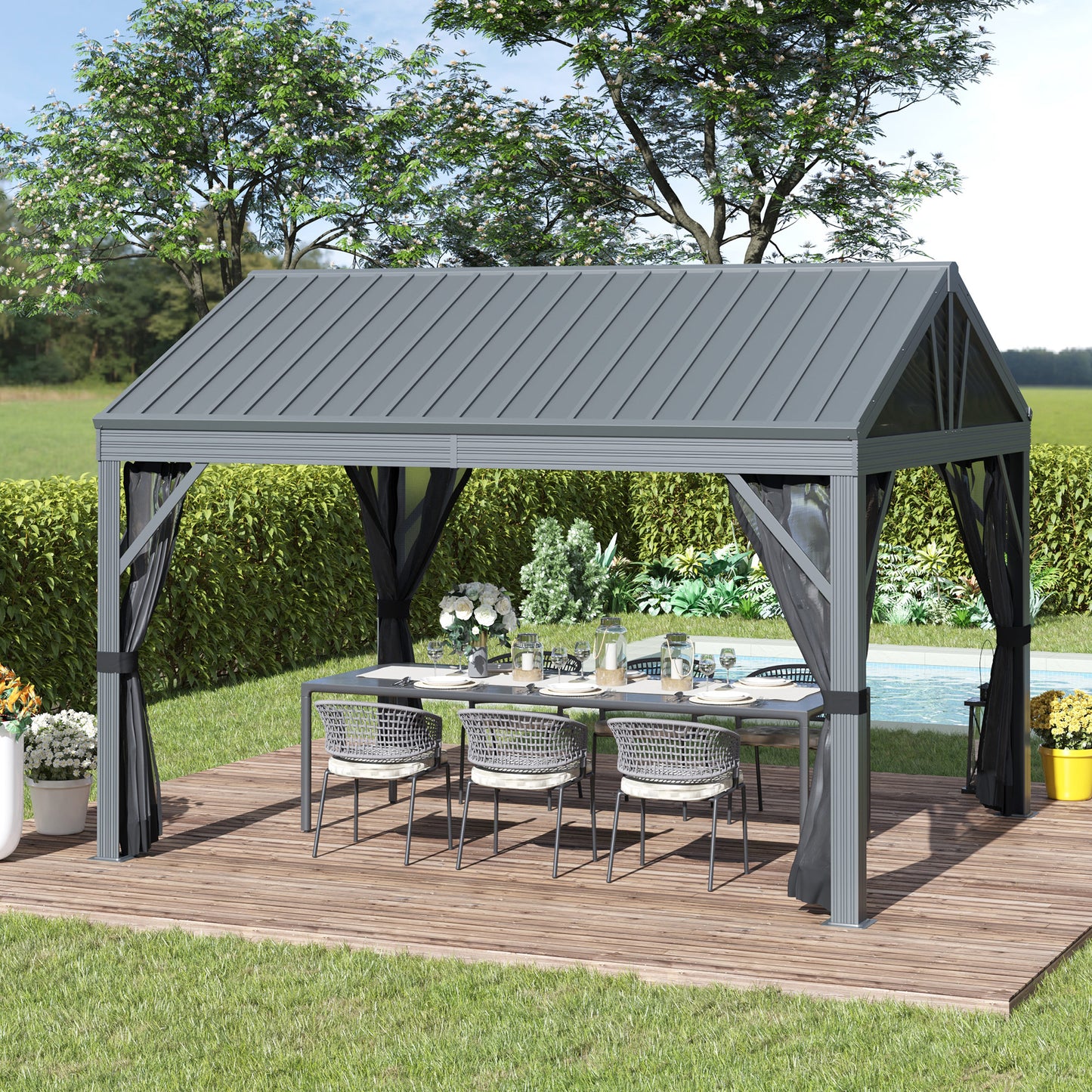 Outsunny 12' x 10' Hardtop Gazebo Steel Canopy Outdoor Pergola with Netting and Aluminum Frame for Patios, Gardens, Lawns, Dark Grey