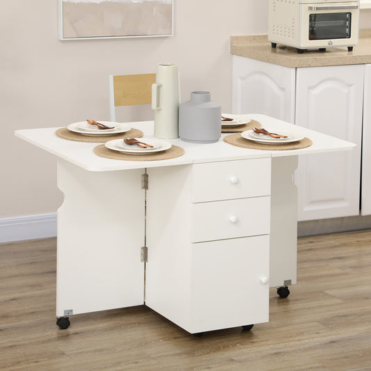 Extendable Dining Table, Drop Leaf Table with 2 Drawers, Cabinet and 6 Wheels for Small Spaces, Kitchen, White