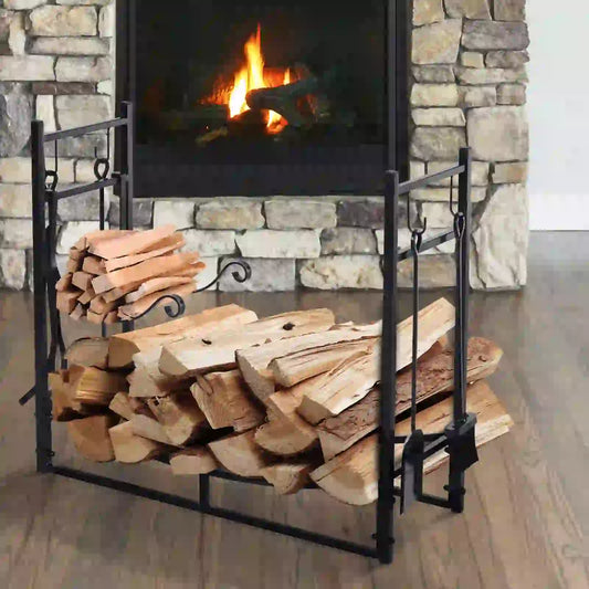 2-Tier Firewood Log Rack with 4 Tools 33" Fireplace Wood Holder Storage Log Rack with Shovel, Broom, Poker, Tongs and Hooks