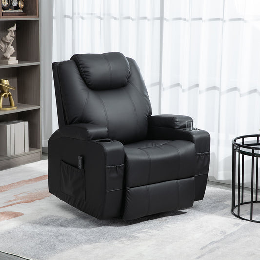 Faux Leather Recliner Chair with Massage, Vibration, Muti-function Padded Sofa Chair with Remote Control, 360 Degree Swivel Seat with Dual Cup Holders, Black