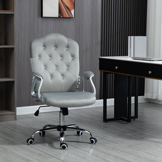Vinsetto Home Office Chair, Velvet Computer Chair, Button Tufted Desk Chair with Swivel Wheels, Adjustable Height, Tilt Function, Gray