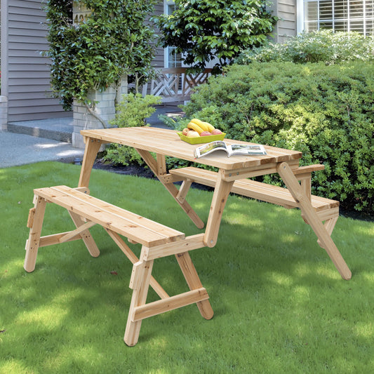 Outsunny Patio Wood Picnic Table, Outdoor 2 in 1 Convertible Patio & Garden Bench, Foldable Picnic Table, Nature