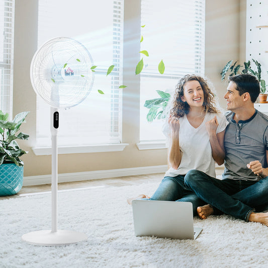 Floor Standing Fan with Remote Control, Oscillating, LED Screen, Stand Up Cooling Fan, Tall Pedestal Electric Fan for Home Bedroom, White