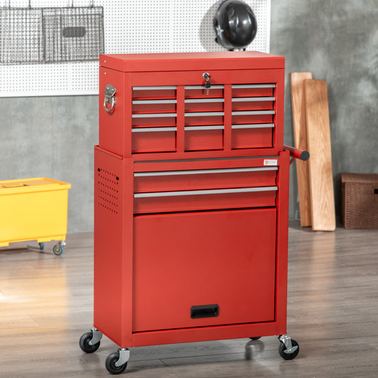 6-Drawer Tool Chest Set with 4 Wheels, Lockable Rolling Tool Box and Storage Cabinet, Removable Portable Set-Top Box Tool Organizer for Garage Factory Workshop, Red