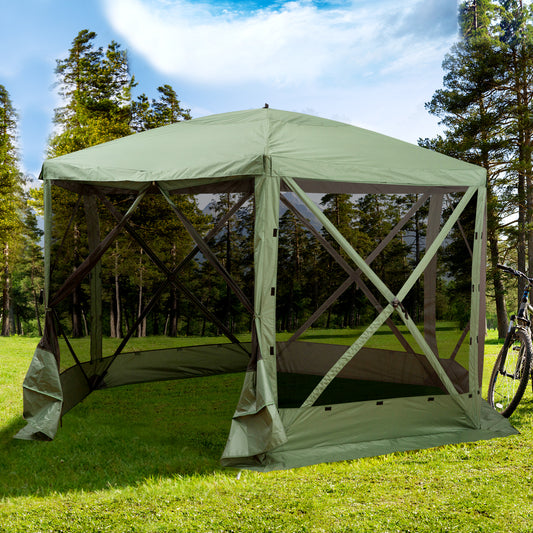 Outsunny 12' x 12' Hexagon Automatic Pop Up Screen Tents Camping Shelter Picnic Canopy Outdoor Sun Shade with Mesh Sidewalls and Carry Bag, Green
