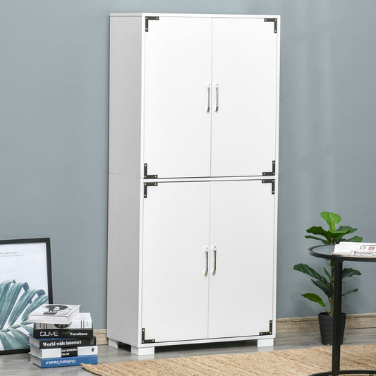 Industrial kitchen Pantry Storage Cabinet with 4 Doors, Cupboard with Shelves for Bedroom and Living Room, White