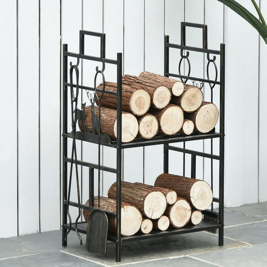 2-Layer Heavy Duty Firewood Rack Wood Log Fireplace Stacker w/ 4 Tools, Gold