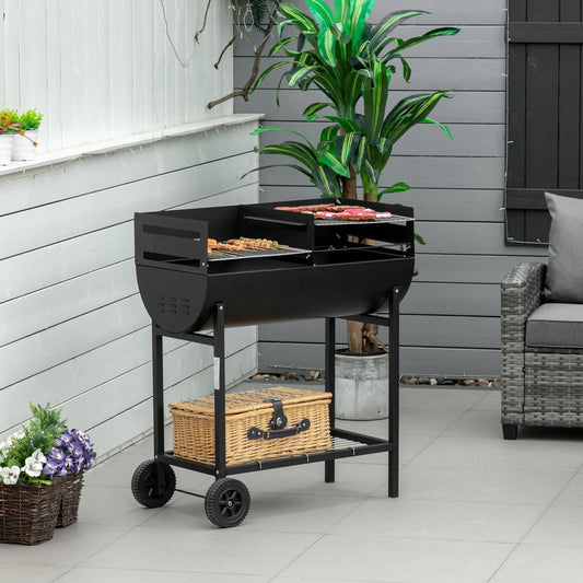 Outsunny 35.5" Portable Charcoal Grill BBQ Height Adjustable Outdoor Backyard Barbecue with Shelf and Wheels, Easy Set-up, Black