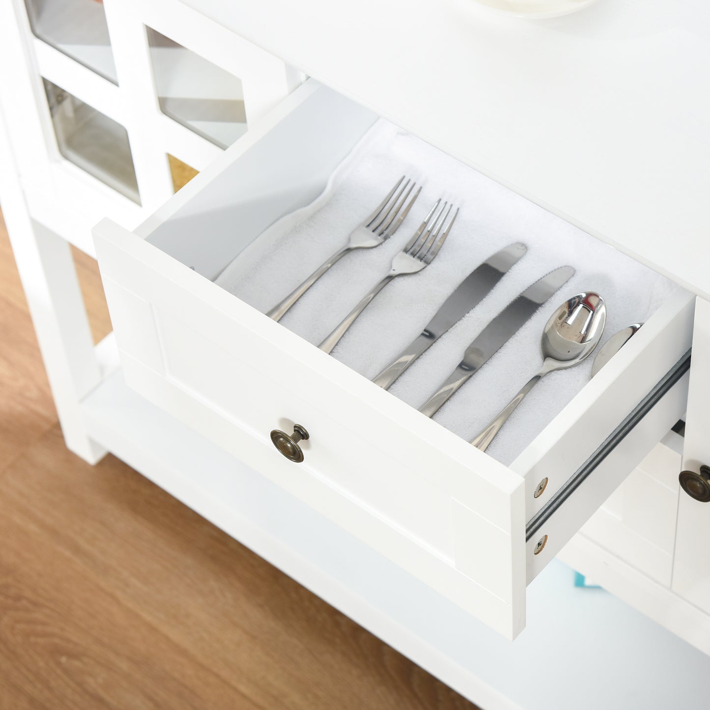 Kitchen Sideboard Serving Buffet Storage Cabinet Cupboard with Adjustable Shelves, Glass Doors, 2 Drawers, for Dining, Living Room, White