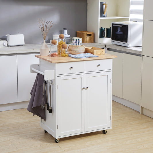 Rolling Kitchen Island on Wheels, Utility Serving Cart with Rubber Wood Top, Towel Rack, Hooks and Storage Drawers, White