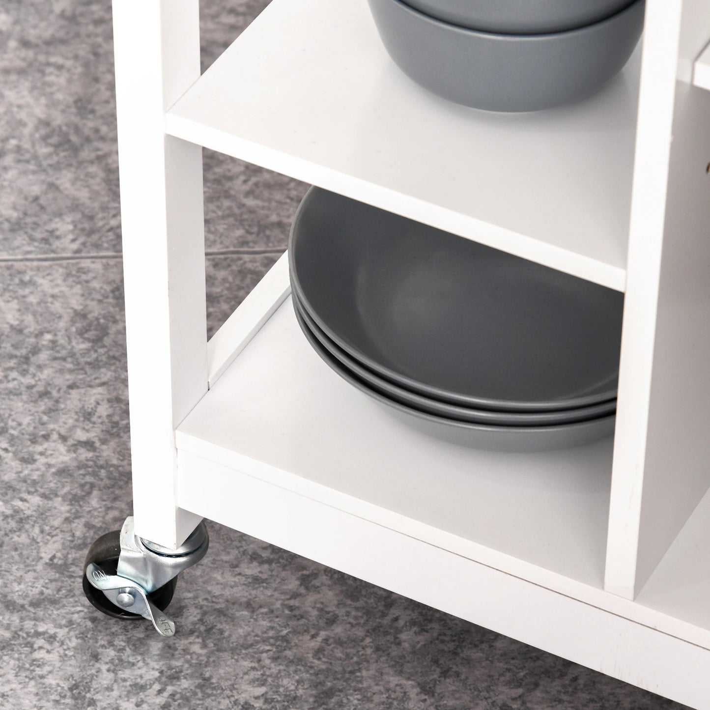 Kitchen Storage Trolley Cart Unit with Wood Top 3 Shelves Cupboard Drawer Rail 4 Wheels Handles Moving Shelf Handy Space saver, White