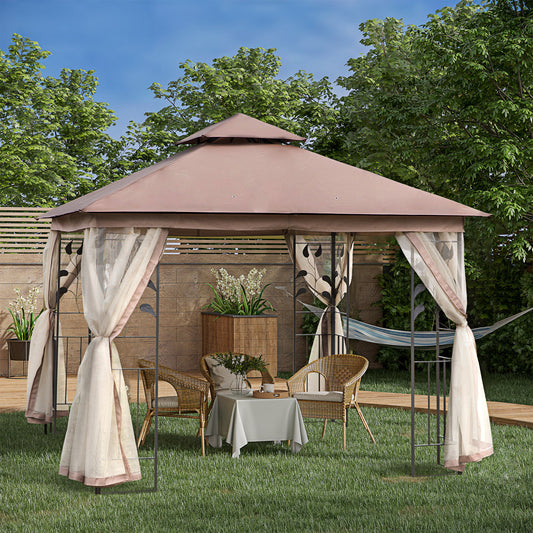 10' x 10' Patio Gazebo, Outdoor Gazebo Canopy with 2-Tier Polyester Roof and Mosquito Netting for Patio, Garden, Lawn , Brown