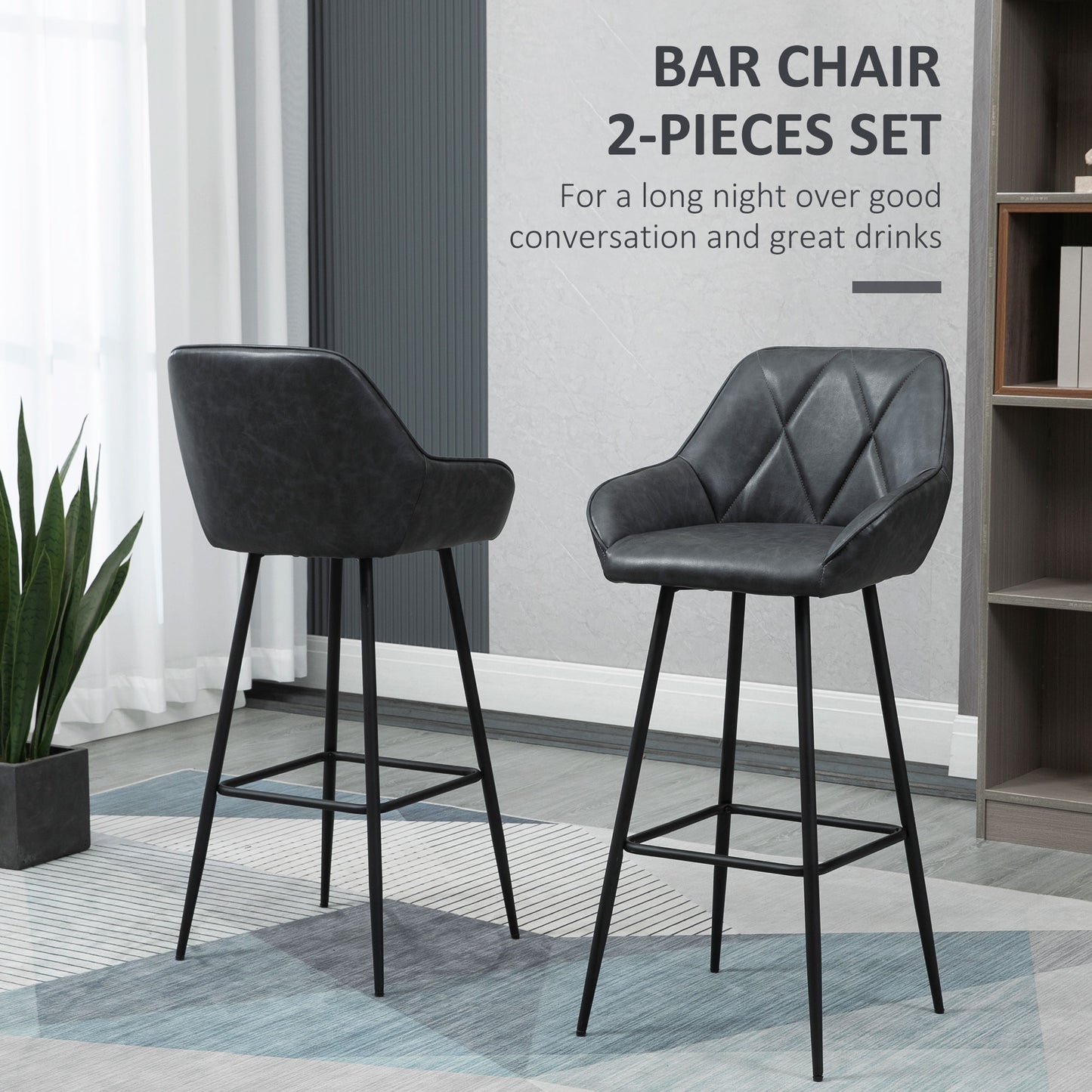 Retro Bar Stools Set of 2, Bar Chairs with Footrest, 30" (76 cm.) Counter Stools with Backs and Steel Legs, for Kitchen Island and Home Bar, Black