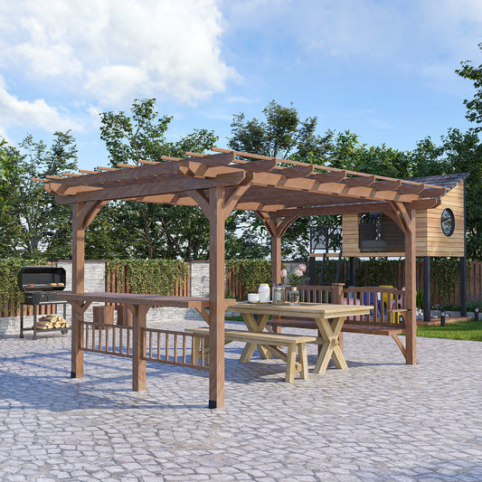 14' x 10' Outdoor Pergola, Wooden Gazebo Grill Canopy with Bar Counters and Seating Benches, for Garden, Patio, Backyard, Deck