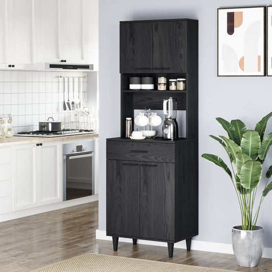 Modern Kitchen Buffet with Hutch Wooden Storage Cupboard with Microwave Counter 2 Cabinet and Drawer for Dining Room Living Room Black