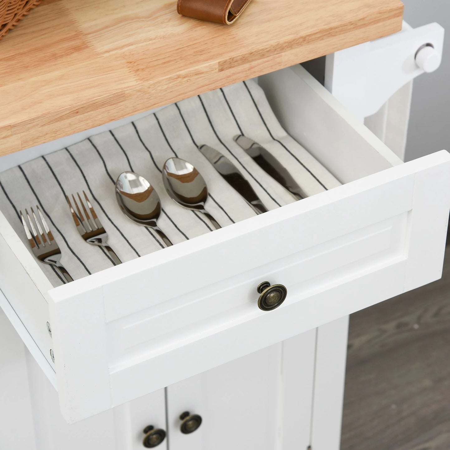 Rolling Kitchen Island Trolley Cart Spice Rack Towel Rack Drawer Wood Top White