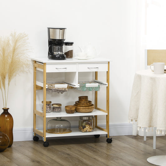 Kitchen Island with Storage, Bamboo Kitchen Cart on Wheels with 2 Drawers, 2 Metal Baskets, Open Shelves and Casters with Lock, Natural