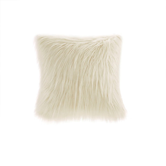 Long Faux Fur Square Throw Pillow 20x20 in Ivory