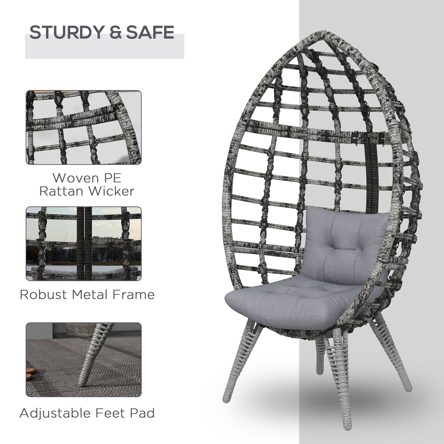 Outsunny Outdoor Egg Chair with Soft Cushion, Patio PE Rattan Wicker Balcony Chair with Height Adjustable Knob, 352lbs Capacity, for Backyard, Garden, Balcony, Lawn, Light Grey