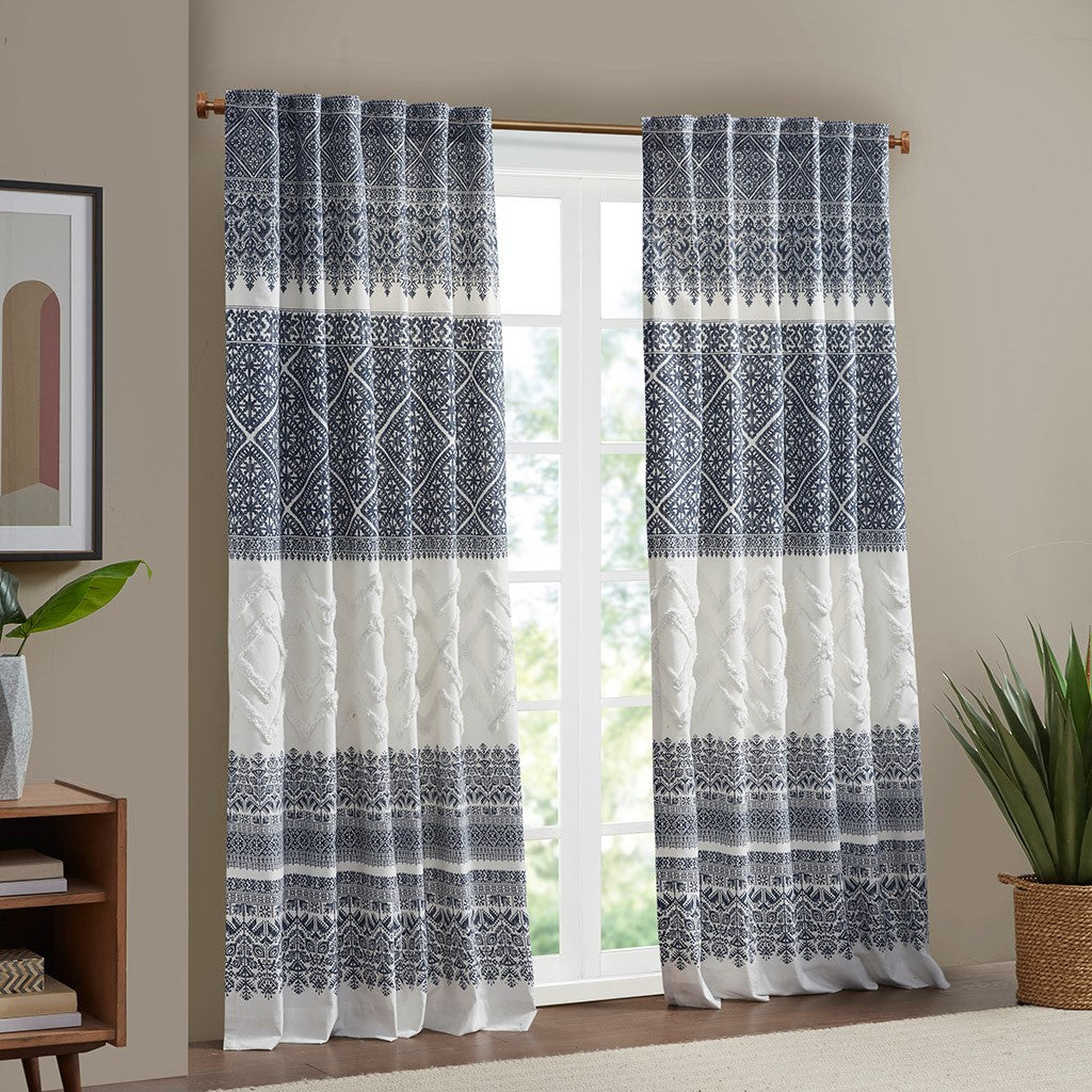 Tufted Boho Window Curtain, Navy Blue (1 PANEL)