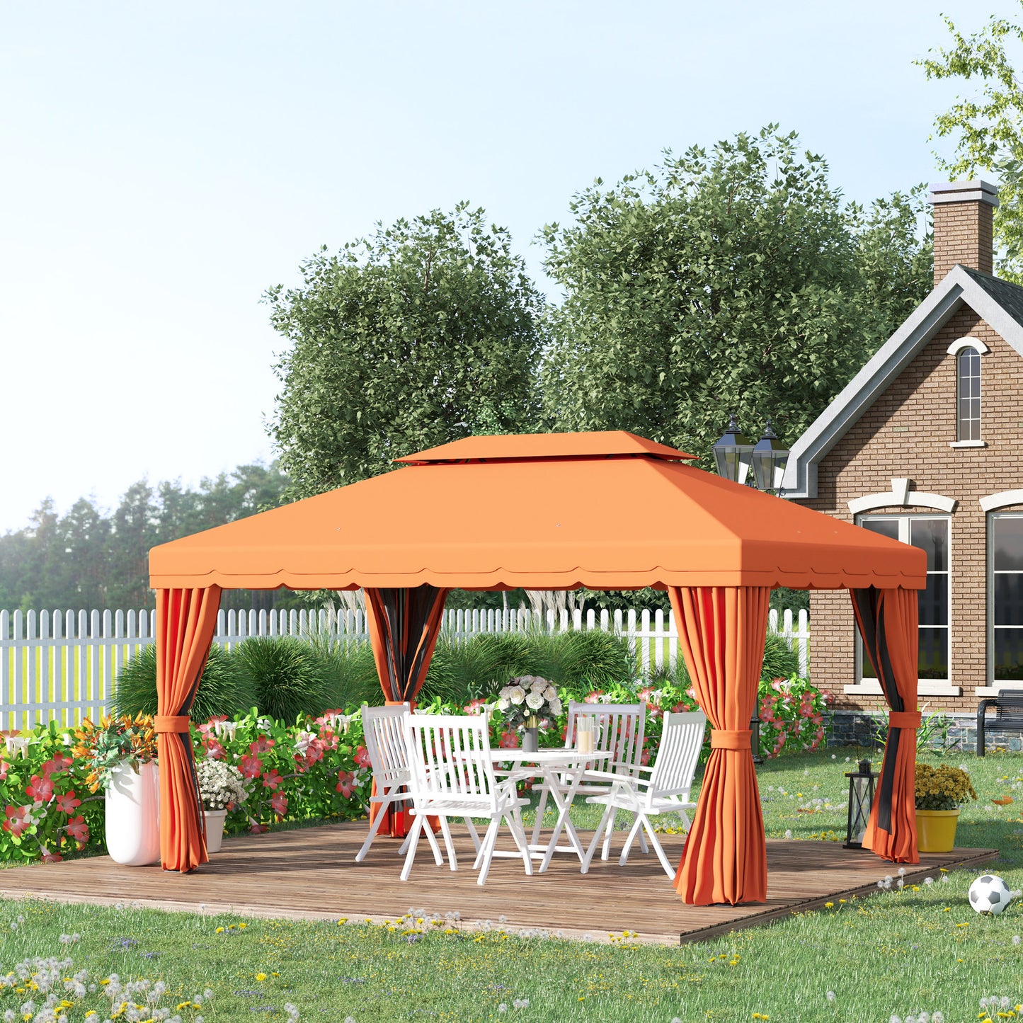 10 x 13ft Aluminum Frame Gazebo Canopy Double Tier Garden Shelter with Netting and Curtains, Orange